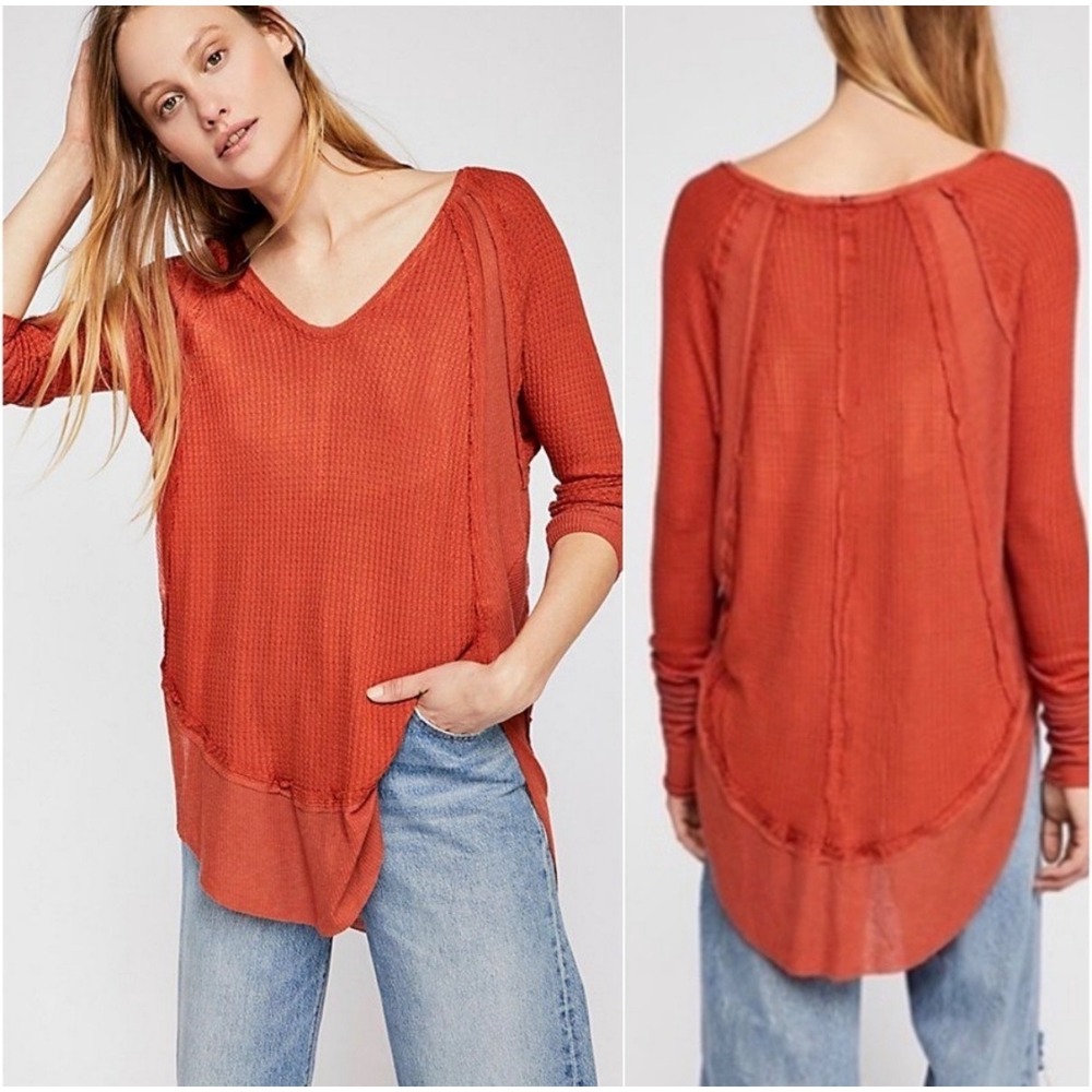 We‎ The Free Free People Catalina Thermal Top Rust Orange V-Neck XS Oversized